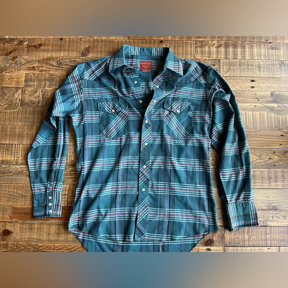 Men’s Vintage Rustler XLong Tails Pearl Snap Shirt Green Plaid Cowboy Western